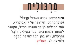 מינימרקט; אחיה הגדול מרכול (סופרמקט). שתי המילים מן השורש רכ"ל, הקשור למסחר ולמצרכים, ויש בהן רמז למילה מכולת ולמילה כול