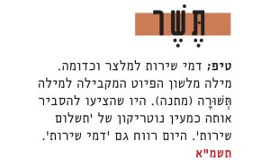 טיפ; דמי שירות למלצר וכדומה. מילה מלשון הפיוט המקבילה למילה תשורה (מתנה). היום רווח גם 'דמי שירות'