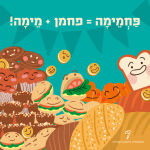 איור פרוסות לחם, המבורגרים, עוגיות וקאפקייקס (עוּגוֹנִית) עם כיתוב "פַּחְמֵימָה היא הלחם המילים פַּחְמָן ומֵימָה"