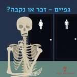 איור של של שלד המתלבט אם להיכנס לשירותי גברים או נשים? הכיתוב: גפיים - זכר או נקבה?