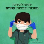 איור של ילד עוטה כפפות ומסכה - הכיתוב: שמים? לובשים? מסכות וכפפות עוטים