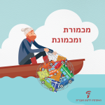 דייג על סירה אוחז ברשת דייגים ובתוכה מכוניות רבות. הכיתוב: מכמורת ומכמונת