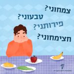 איור של ילד ולידו צלוחיות מזון והכיתובים: צמחוני? טבעוני? פירותני? חצימחוני?