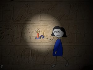 איור של ילדה אוחזת בנר ועל הרקע חרוט כתב עתיק