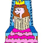 איור של מלכה יושבת על כס וקוראת דך נייר ועליו המילה כתר