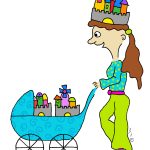 איור של אישה מובילה בעגלה בתים וחומות - העיר והבירה