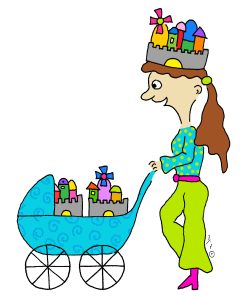 איור של אישה מובילה בעגלה בתים וחומות - העיר והבירה