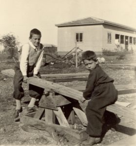 צילום ישן של 2 ילדים מתנדנדים על נדנדת עץ.